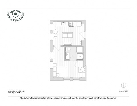 Floor plan for 1 bed, 1 bath, 476 sqft